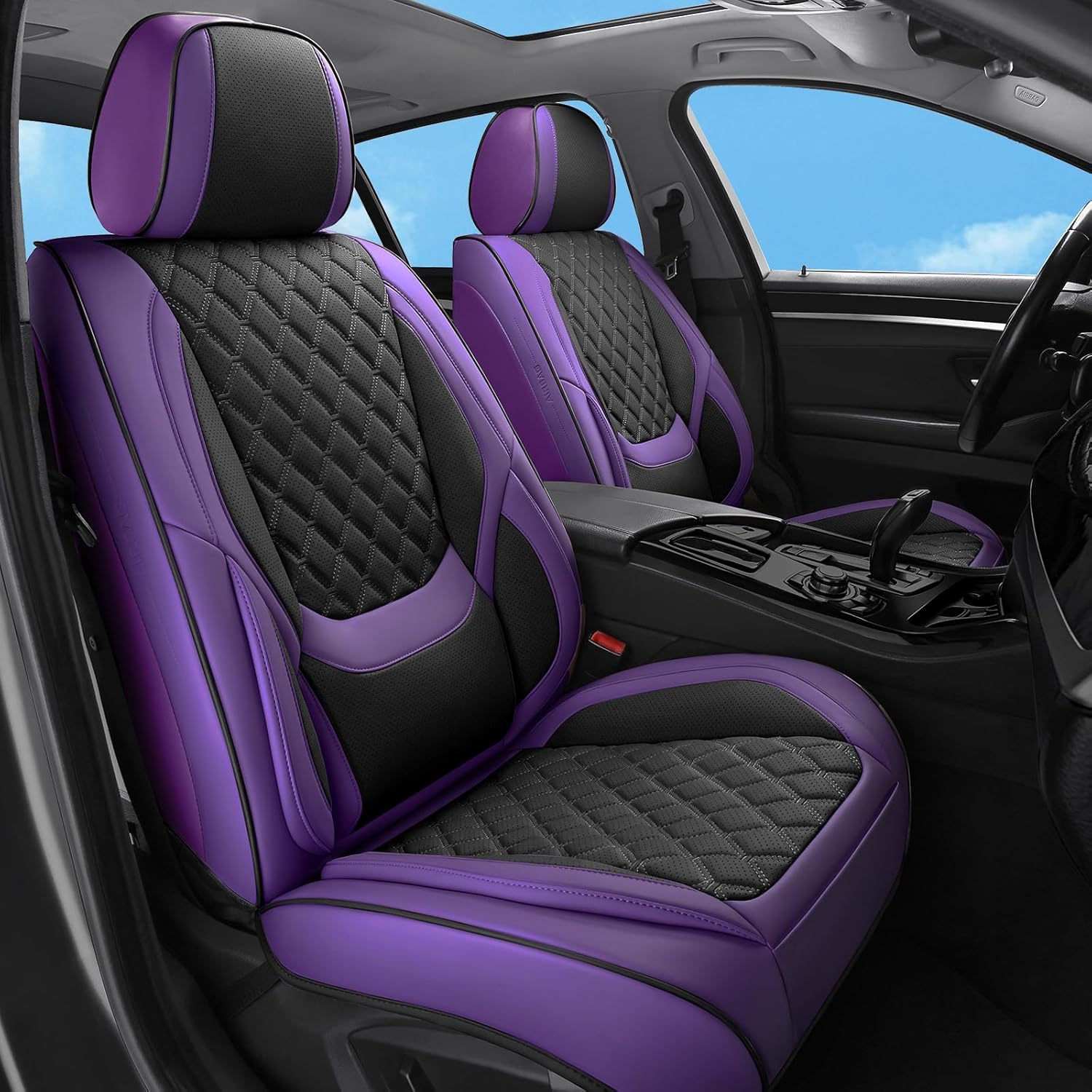 Luxury Faux Leather Car Seat Covers Full Set in Purple Black