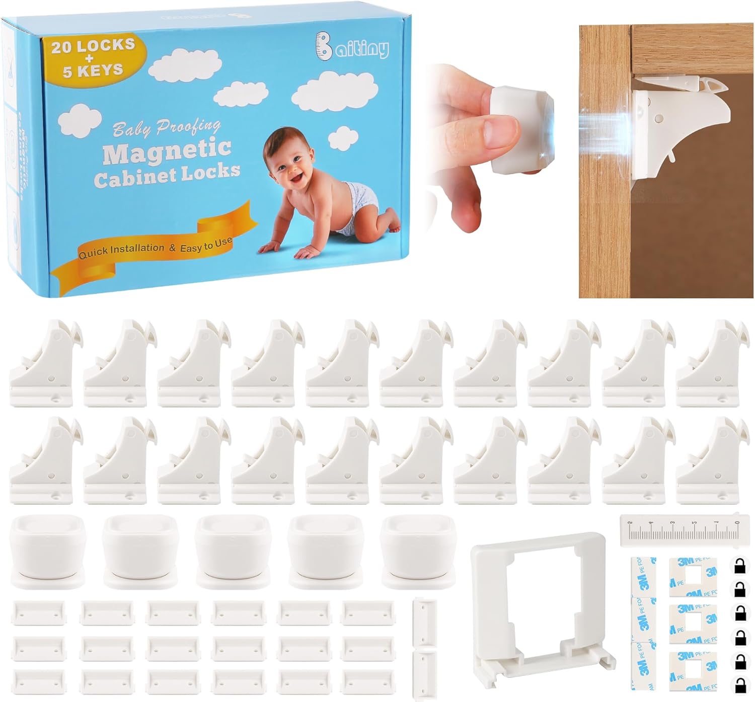 20 Pack Magnetic Cabinet Locks for Baby Proofing Safety