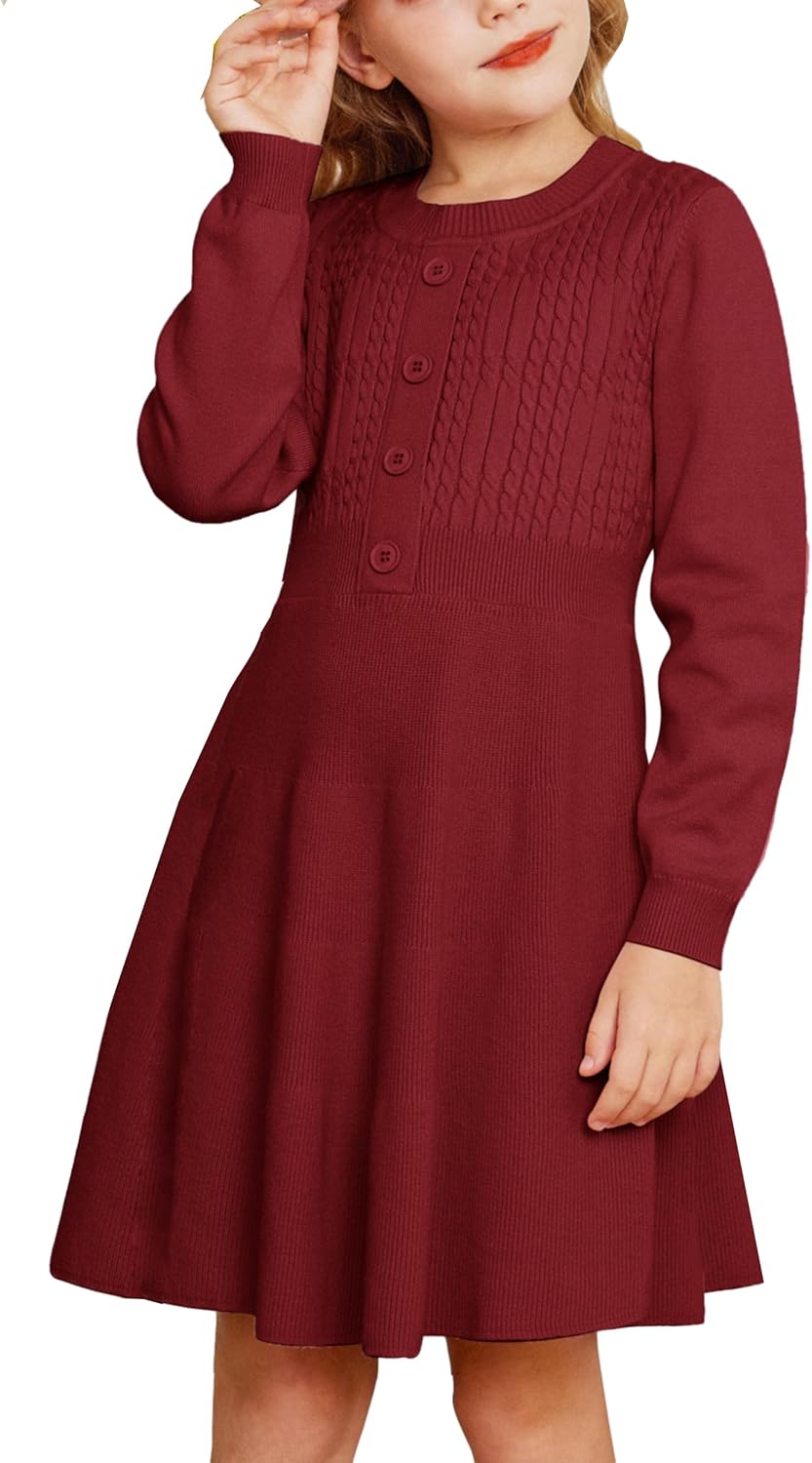 GRACE KARIN Girl Dress Long Sleeve Sweater Ruffle Button Front