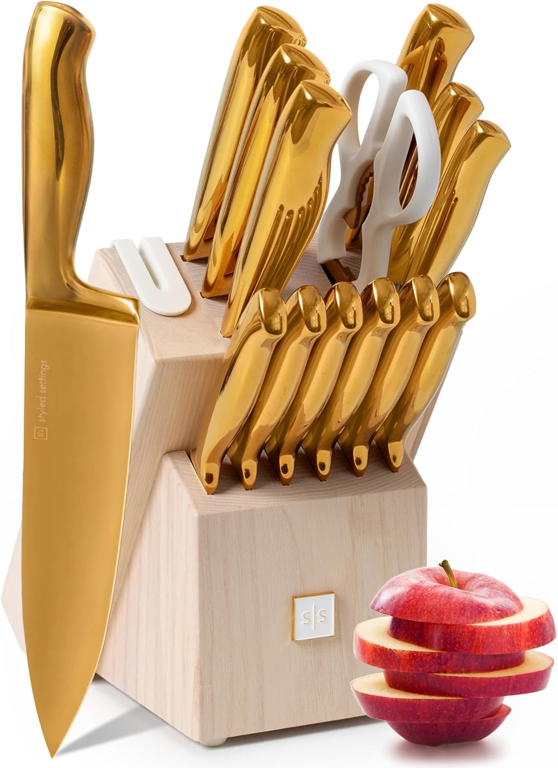 Gold Knife Set for Kitchen with Block and Sharpener - 14-Piece