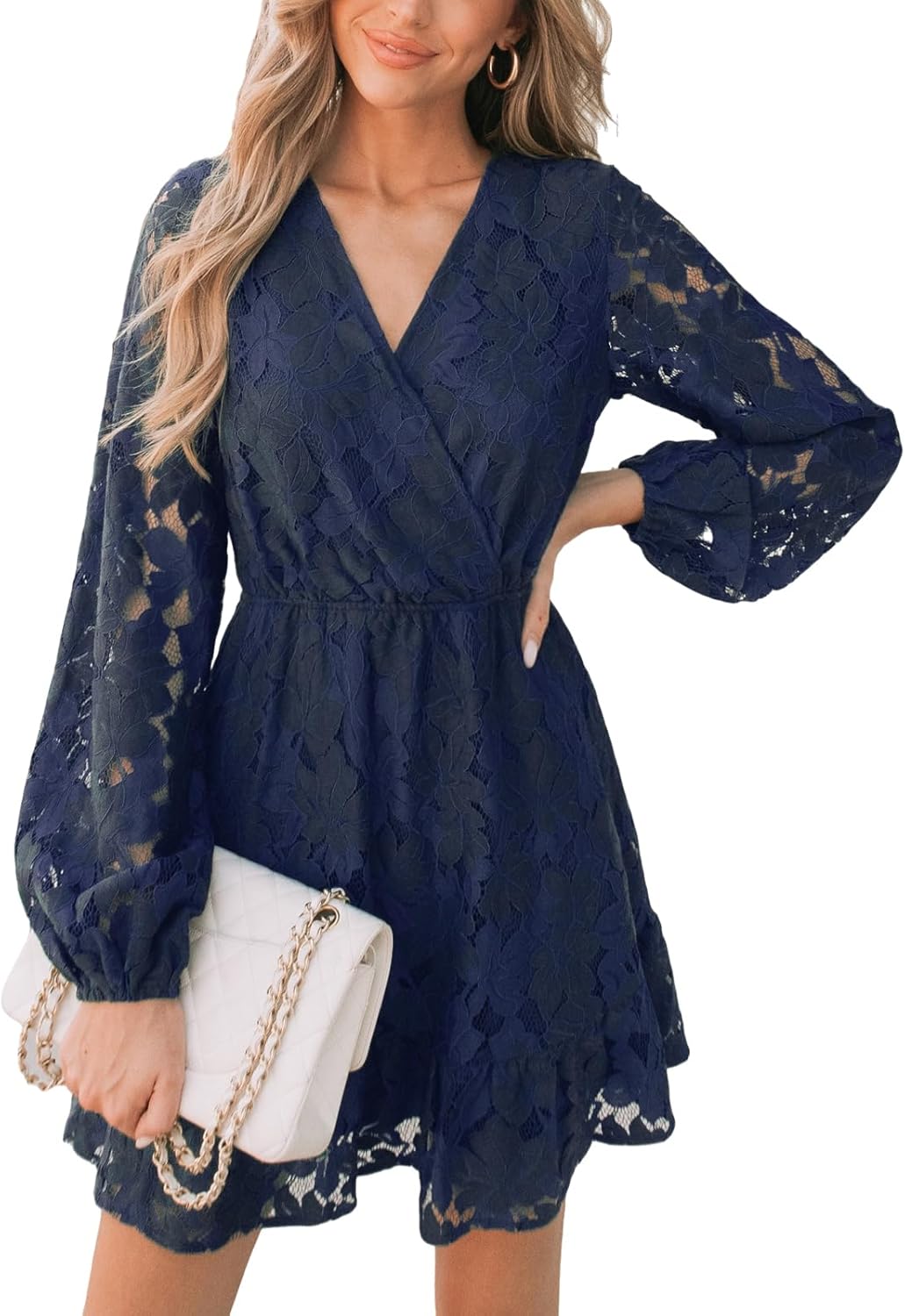 Elegant V Neck Lace Peasant Sleeve Mini Summer Dress for Women