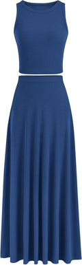 Women's 2 Piece Maxi Skirt Set - Knit Cropped Tank & High Waist