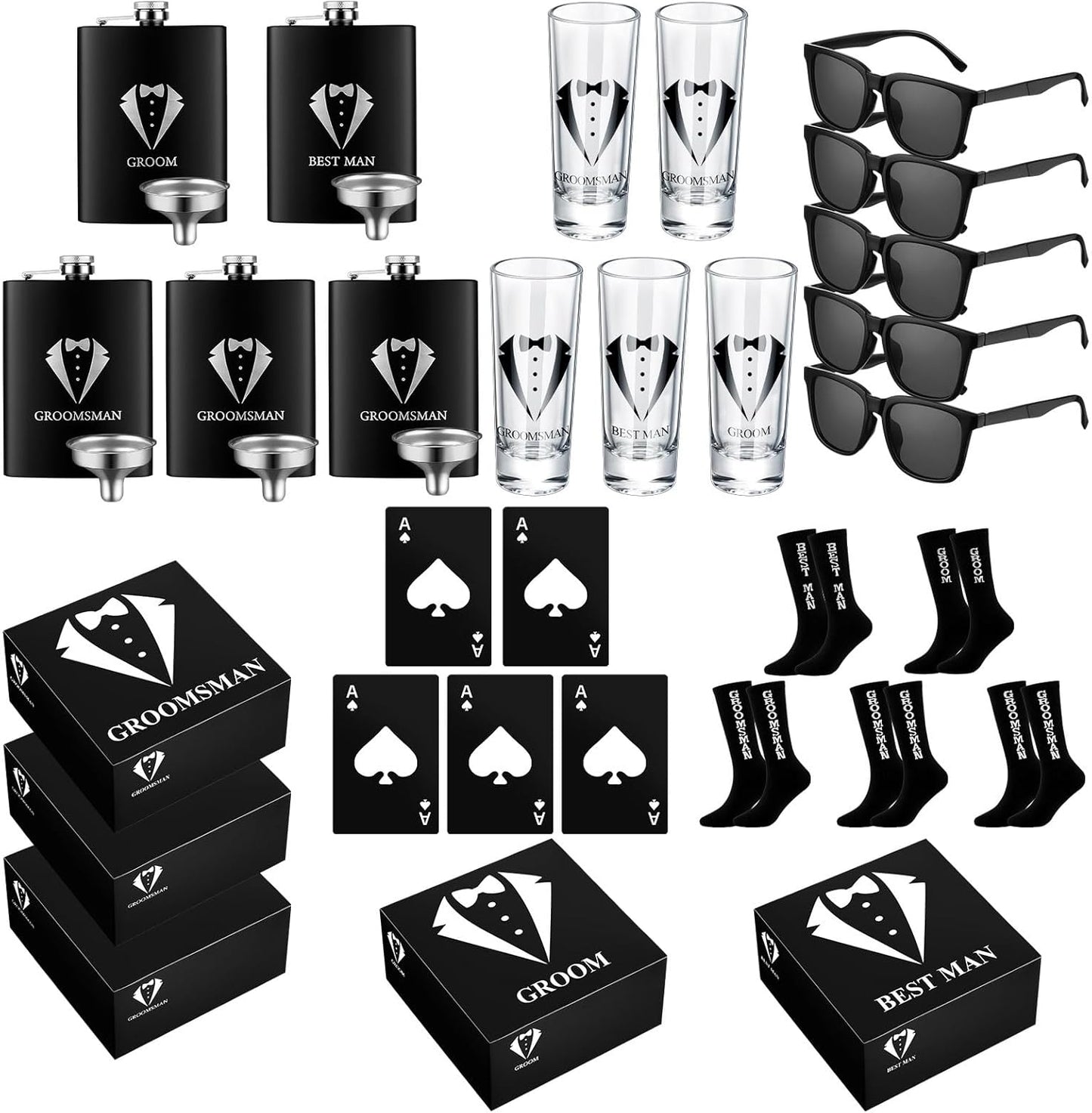 Groomsmen Gifts Box Set with Flask, Shot Glasses, and More