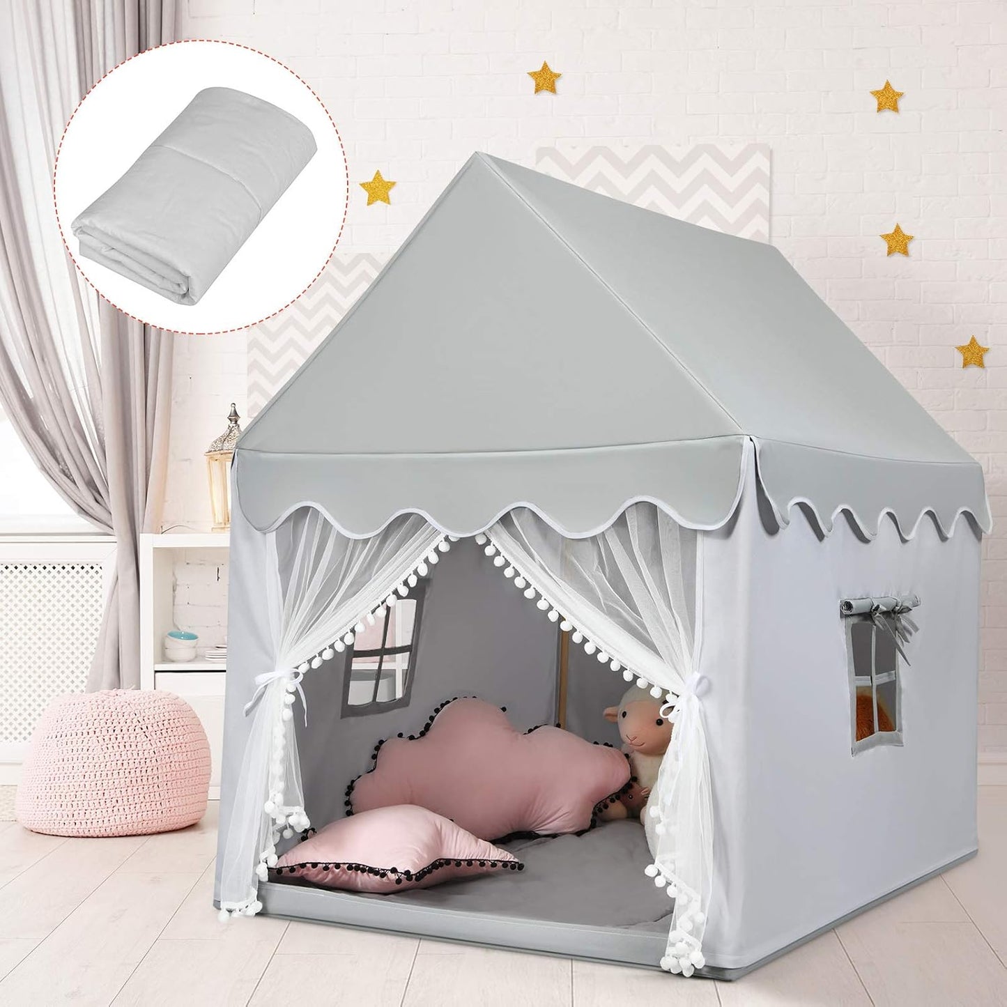 Large Costzon Kids Play Tent, Washable Mat, Solid Wood Frame