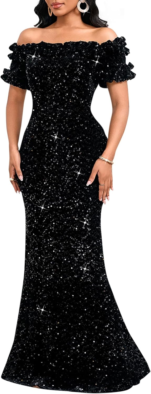 Women Sexy Sequin Off Shoulder Ruffle Bodycon Mermaid Dress