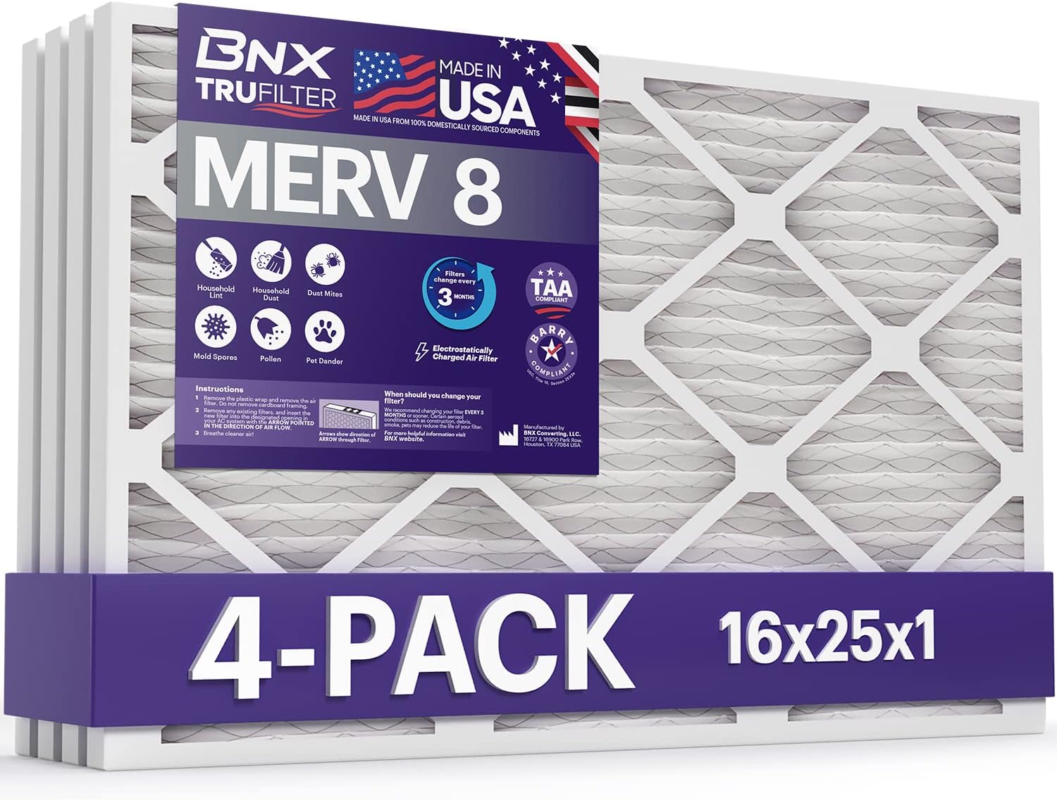BNX TruFilter 16x25x1 Air Filter MERV 8 for Cleaner Air