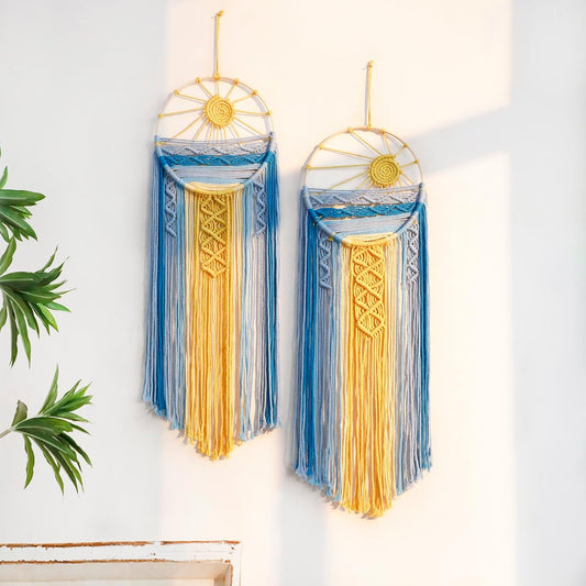 Boho Macrame Wall Art Set - Blue Sun Tapestry Decor for Home