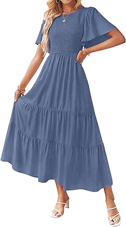 ZESICA Women's Summer Casual Flutter Sleeve Midi Dress