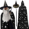 Halloween Wizard Costume Set - 4 Pcs Wizard Hat Cloak Wig Beard Wand