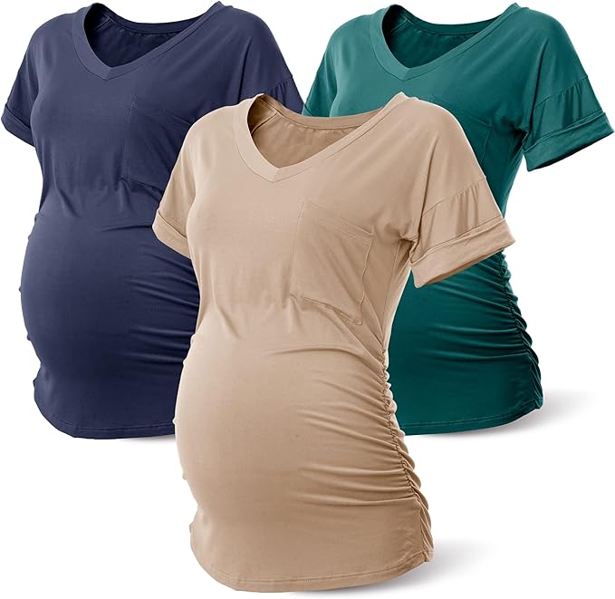 Rnxrbb Maternity Shirts Short Sleeve Summer Pregnancy Tops 3 Pack