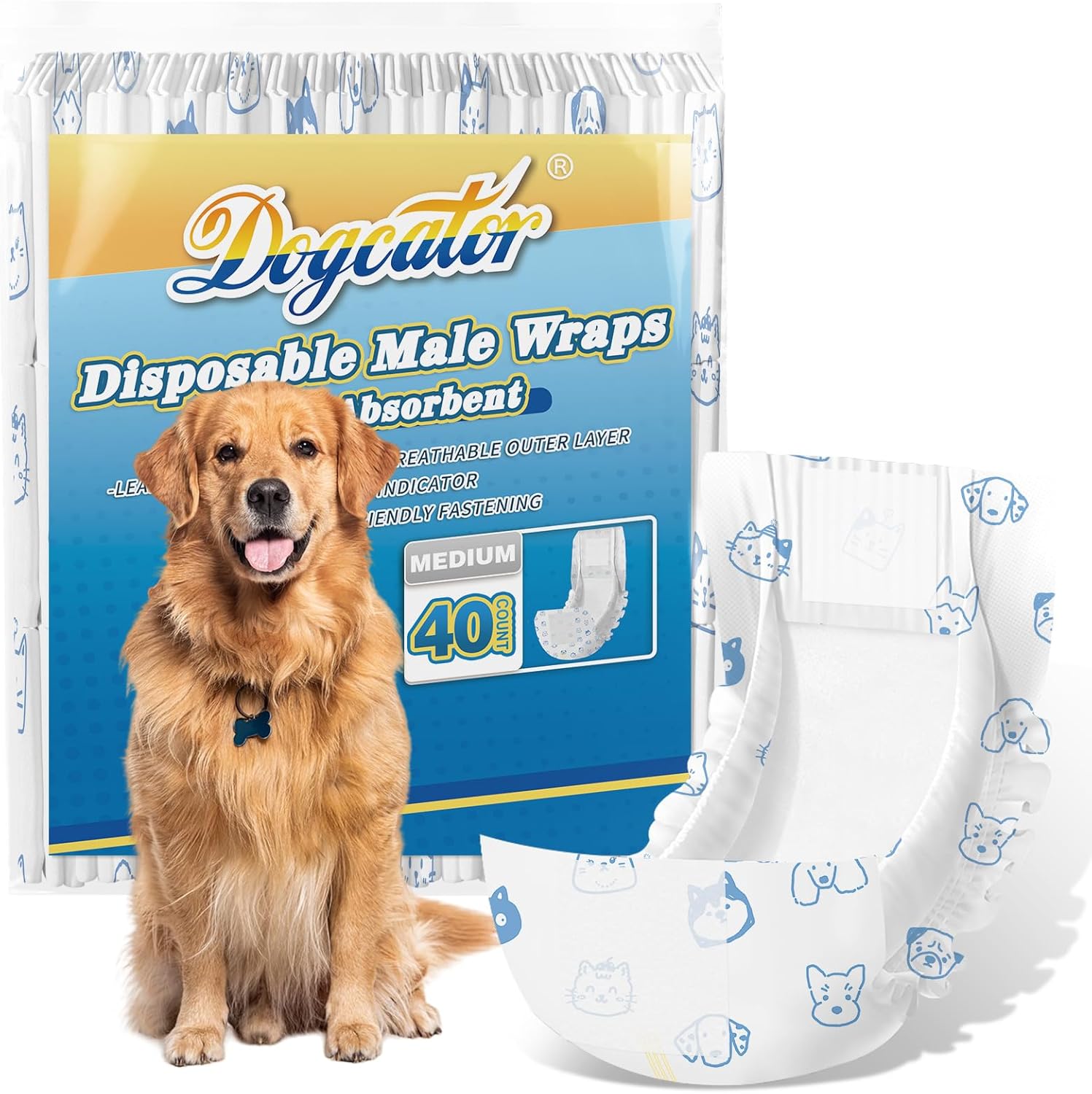 Dogcator Disposable Diapers 40ct - Super Absorbent & Adjustable for Male Dogs