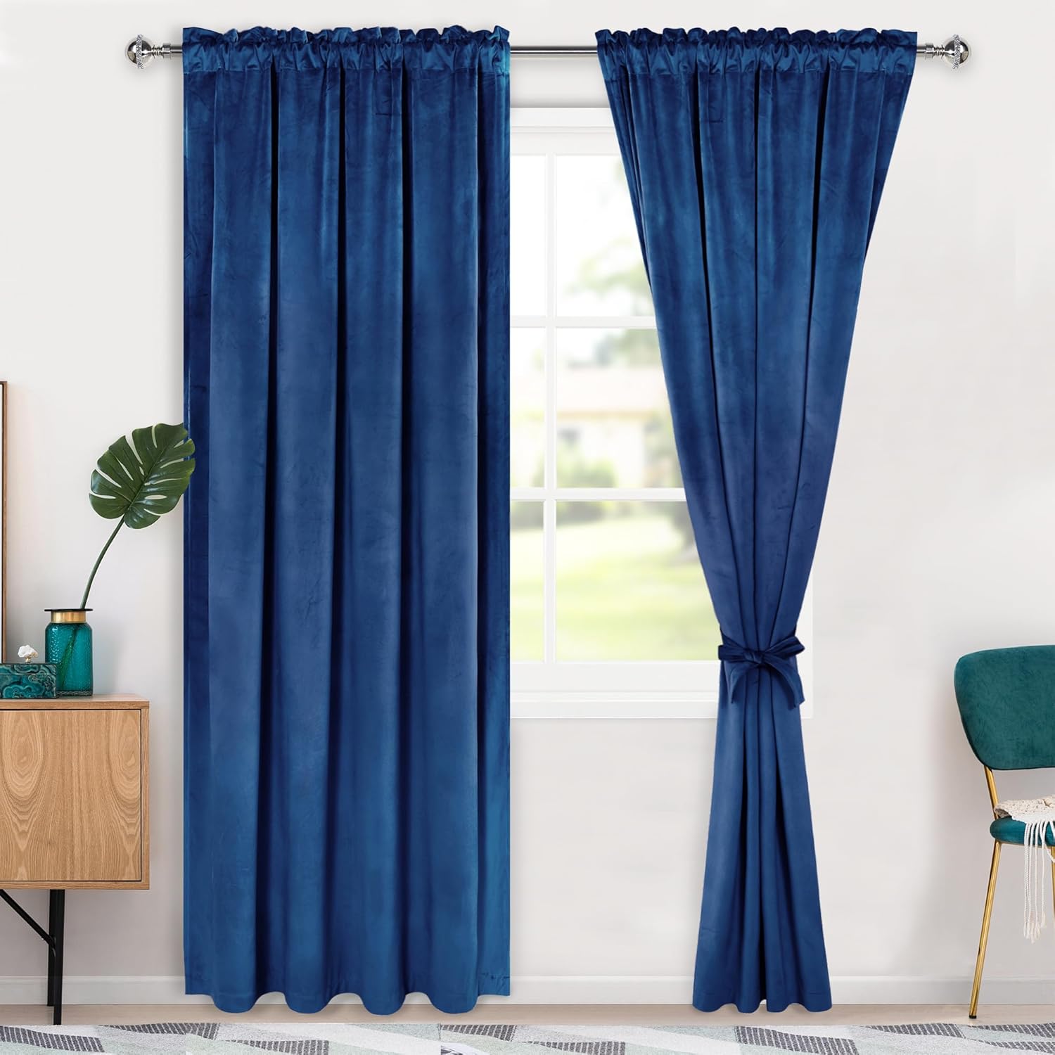Blue Velvet Blackout Curtains 52W x 90L for Bedroom Living Room