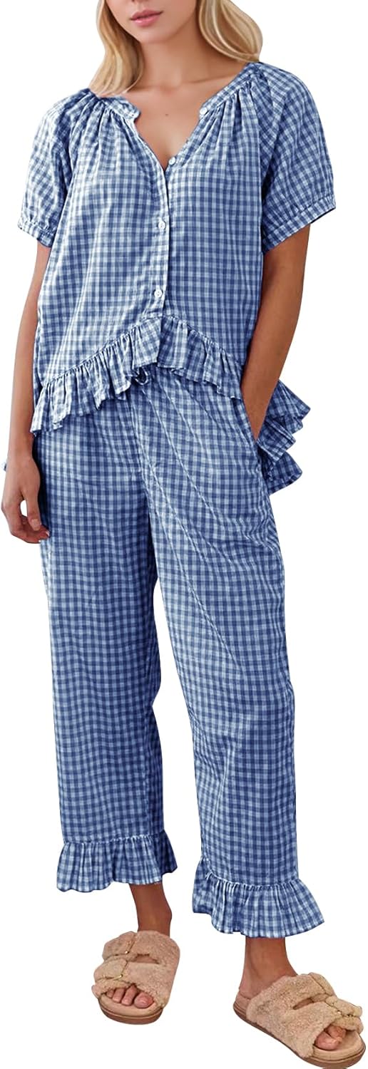 Gingham Pajama Set for Women - Cute Cotton Sleepwear