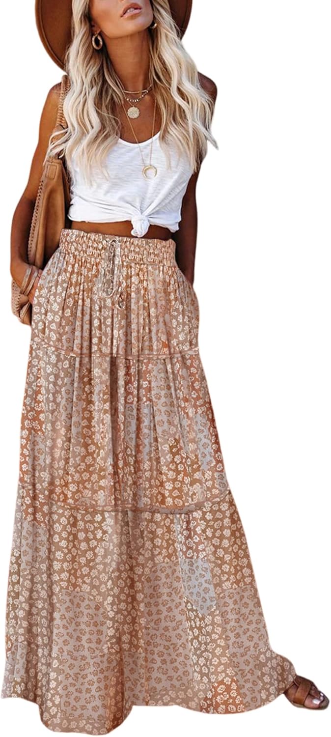 EARKOHA Womens Casual High Waist Tie Maxi Skirt with Pockets