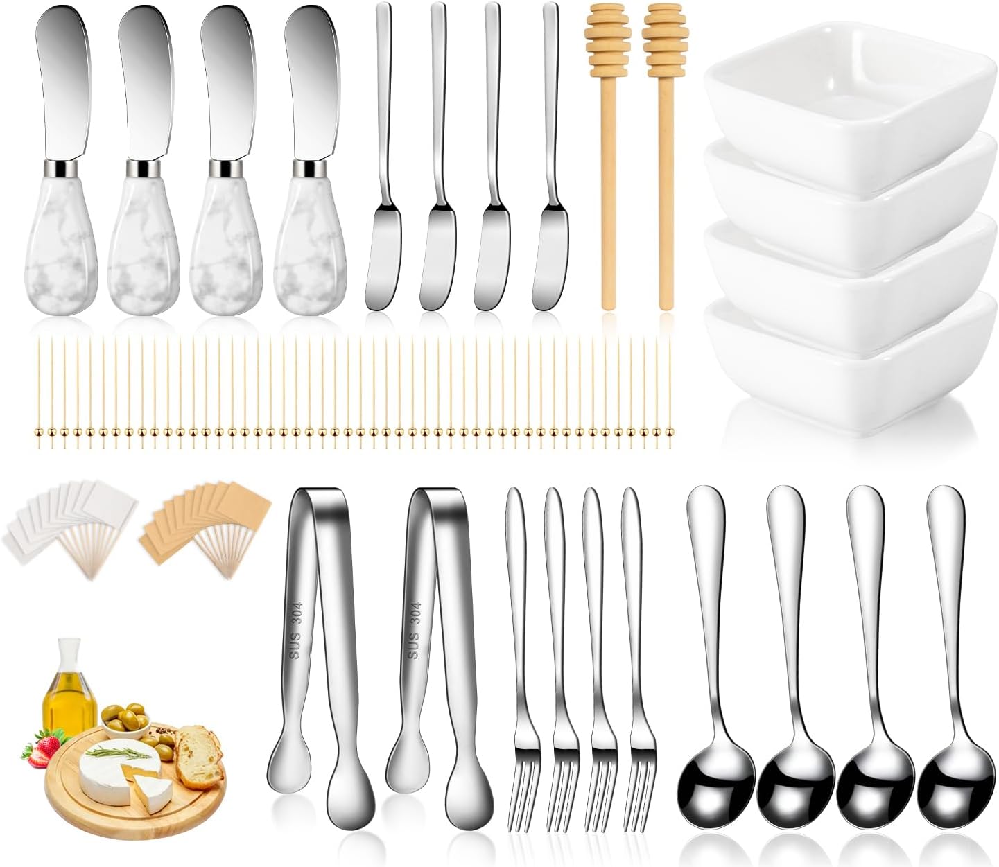 Charcuterie Board Accessories Set with Ceramic Dip Bowls and More