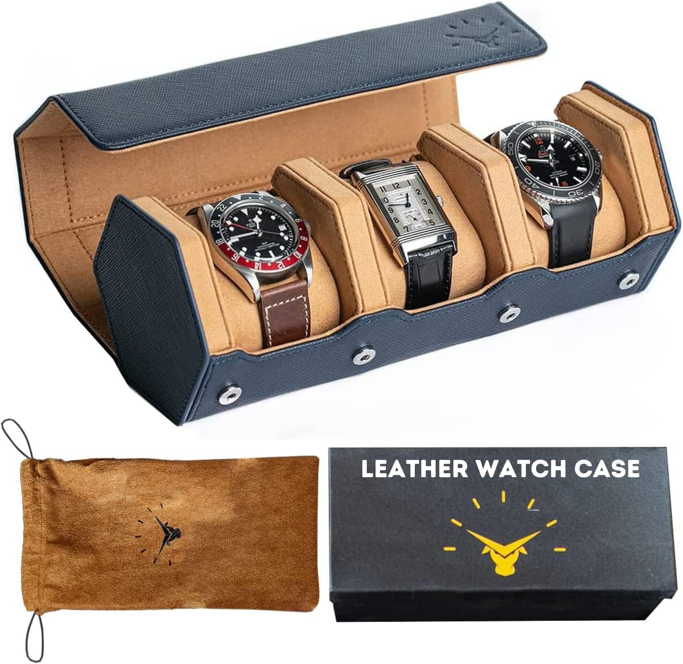 Durable Blue 3-Slot Watch Roll - Leather Time