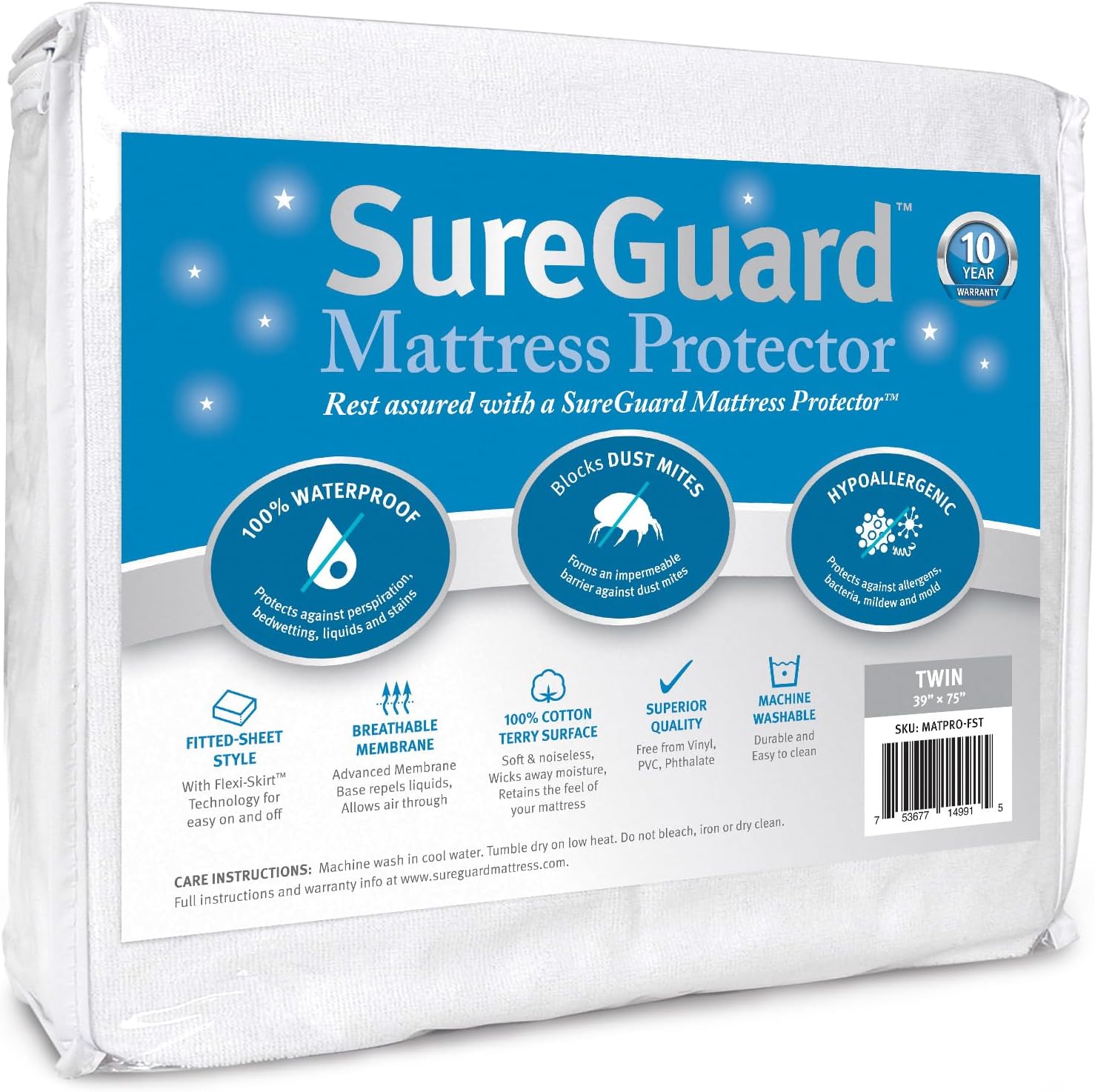 SureGuard Twin Size Mattress Protector - 100% Waterproof Cover
