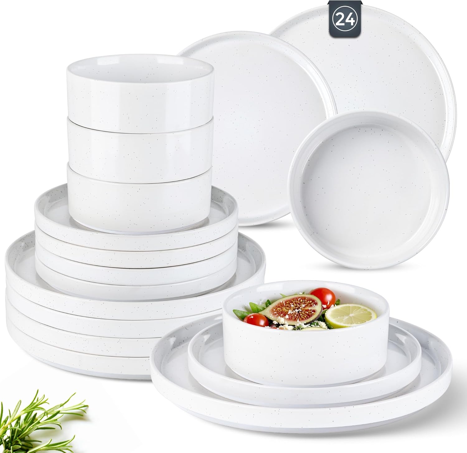 Dinnerware Set for 8, 24 Piece Speckled Plates and Bowls Set