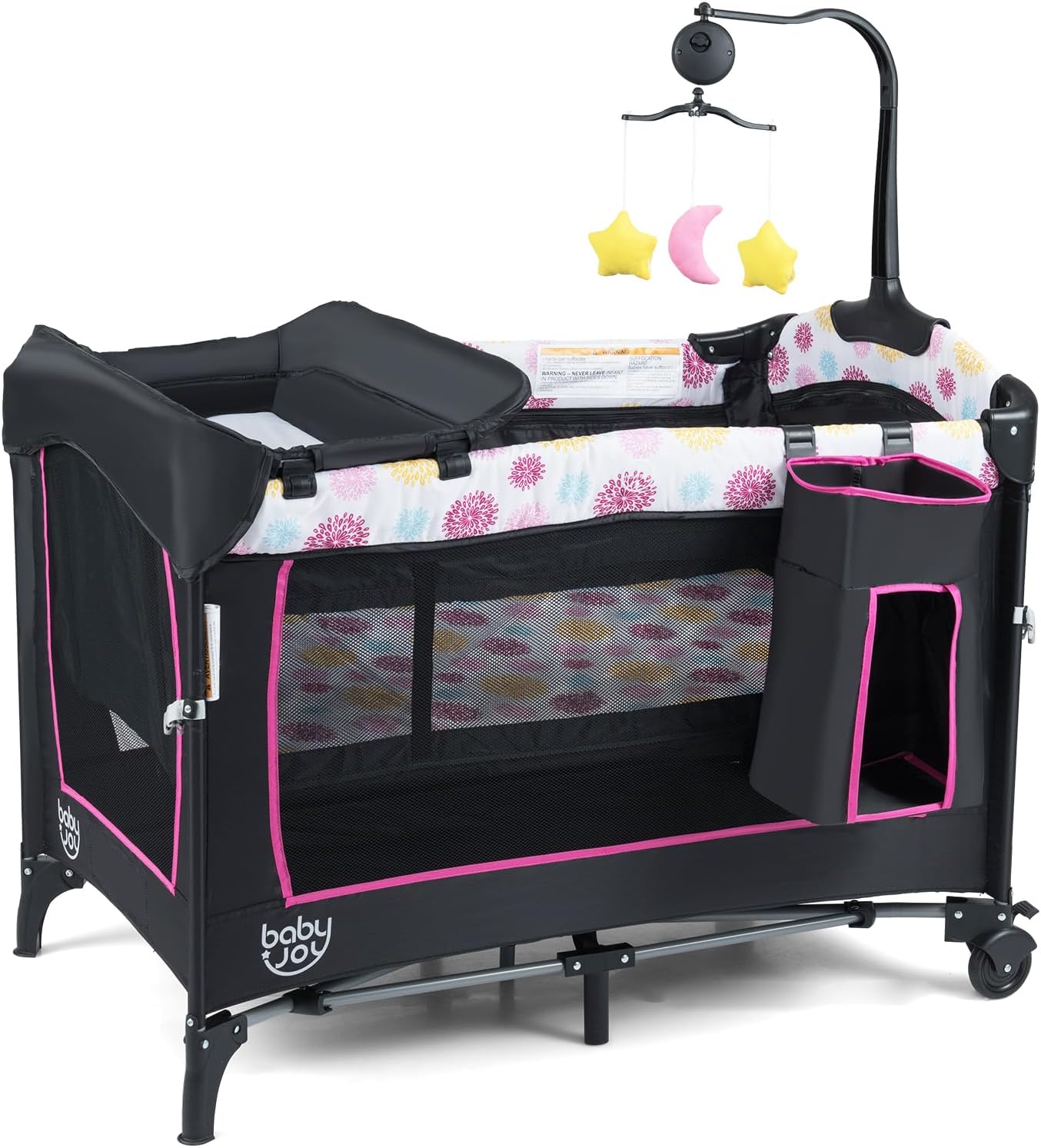 4 in 1 Pink Pack and Play for Babies with Adjustable Heights