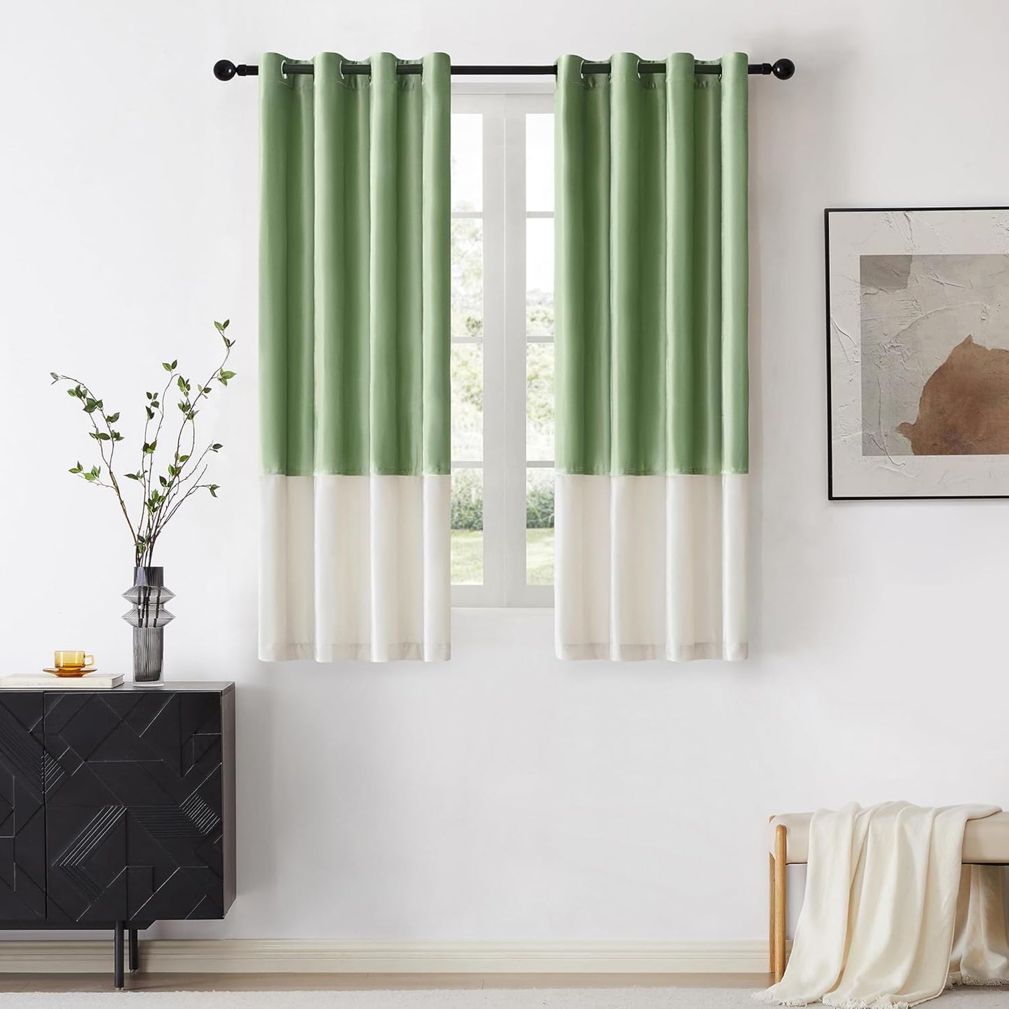 Sage Green Ivory Velvet Color Block Window Curtains Panels