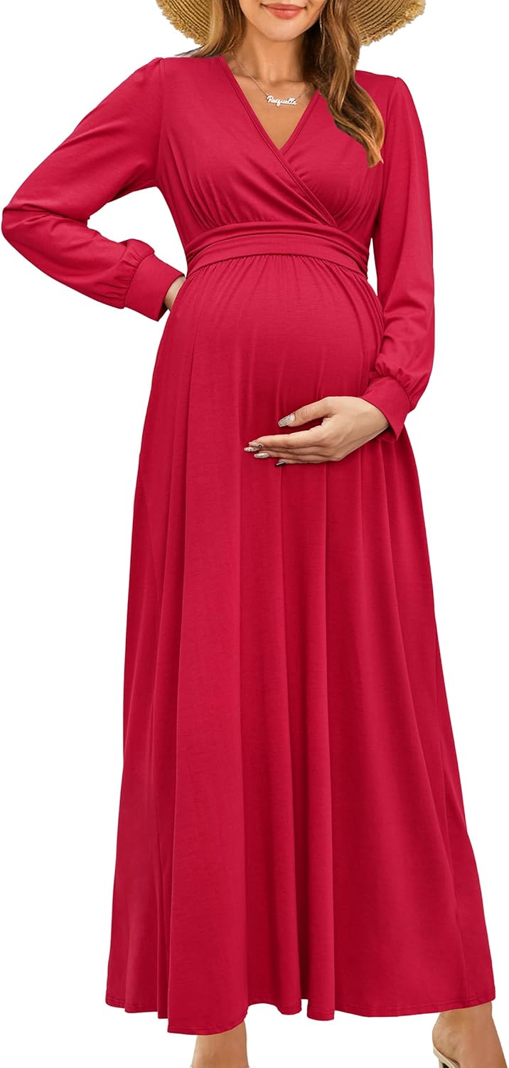 OUGES Fall Maternity Maxi Dress for Baby Shower and Photoshoot