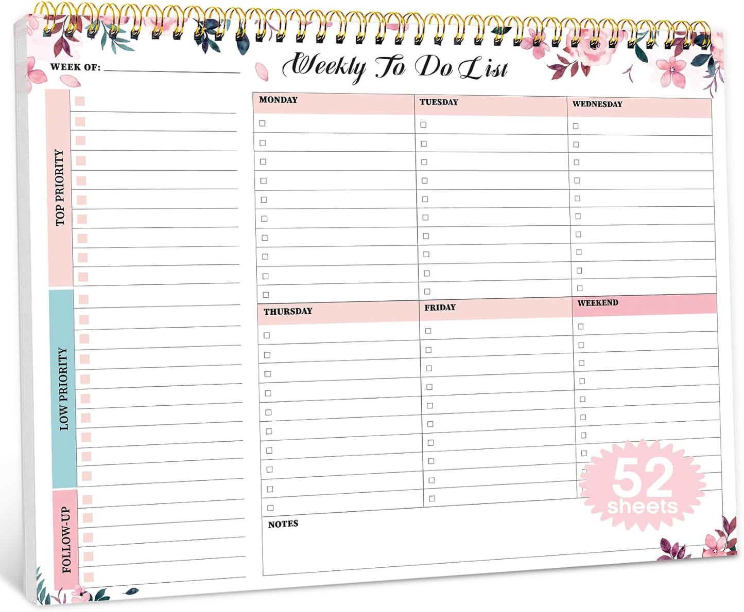 52-Week Undated Desk Planner - Organize Your Life with Whispering Petal Notepad