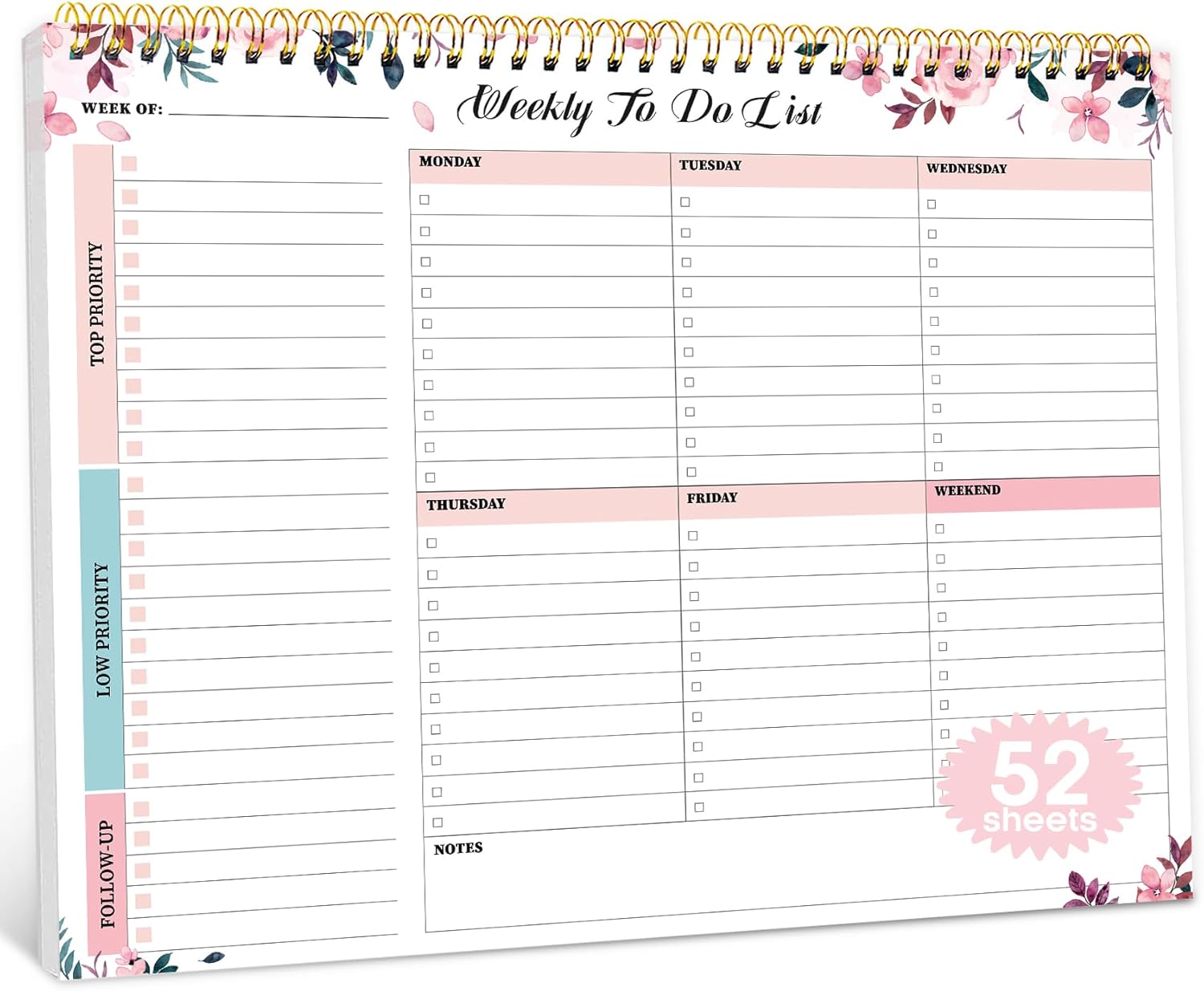 52-Week Undated Desk Planner - Organize Your Life with Whispering Petal Notepad