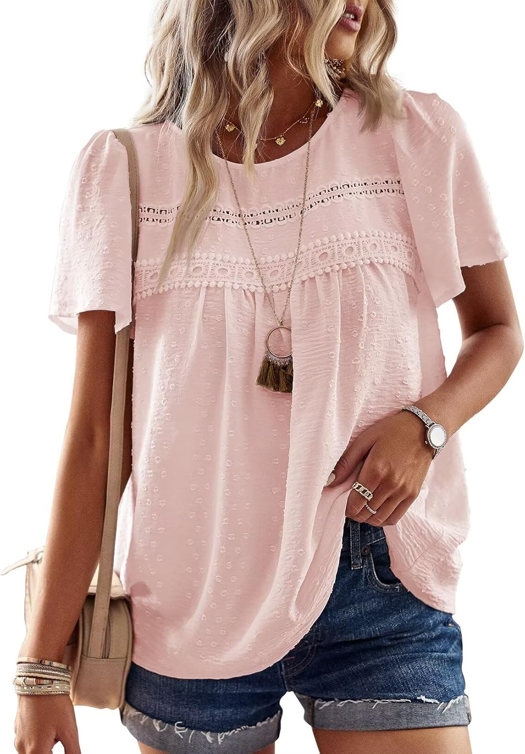 Womens Summer Tops Crewneck Short Sleeve Casual Chiffon Blouses