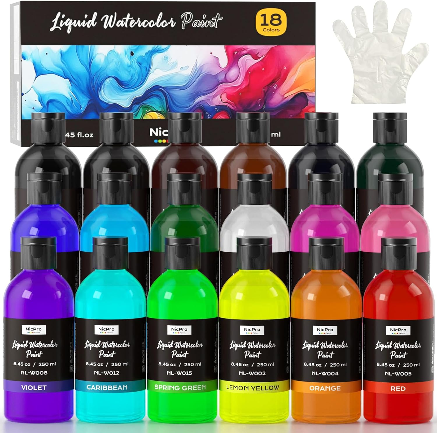 Nicpro 18 Colors Liquid Watercolor Paint Set for Creative Projects
