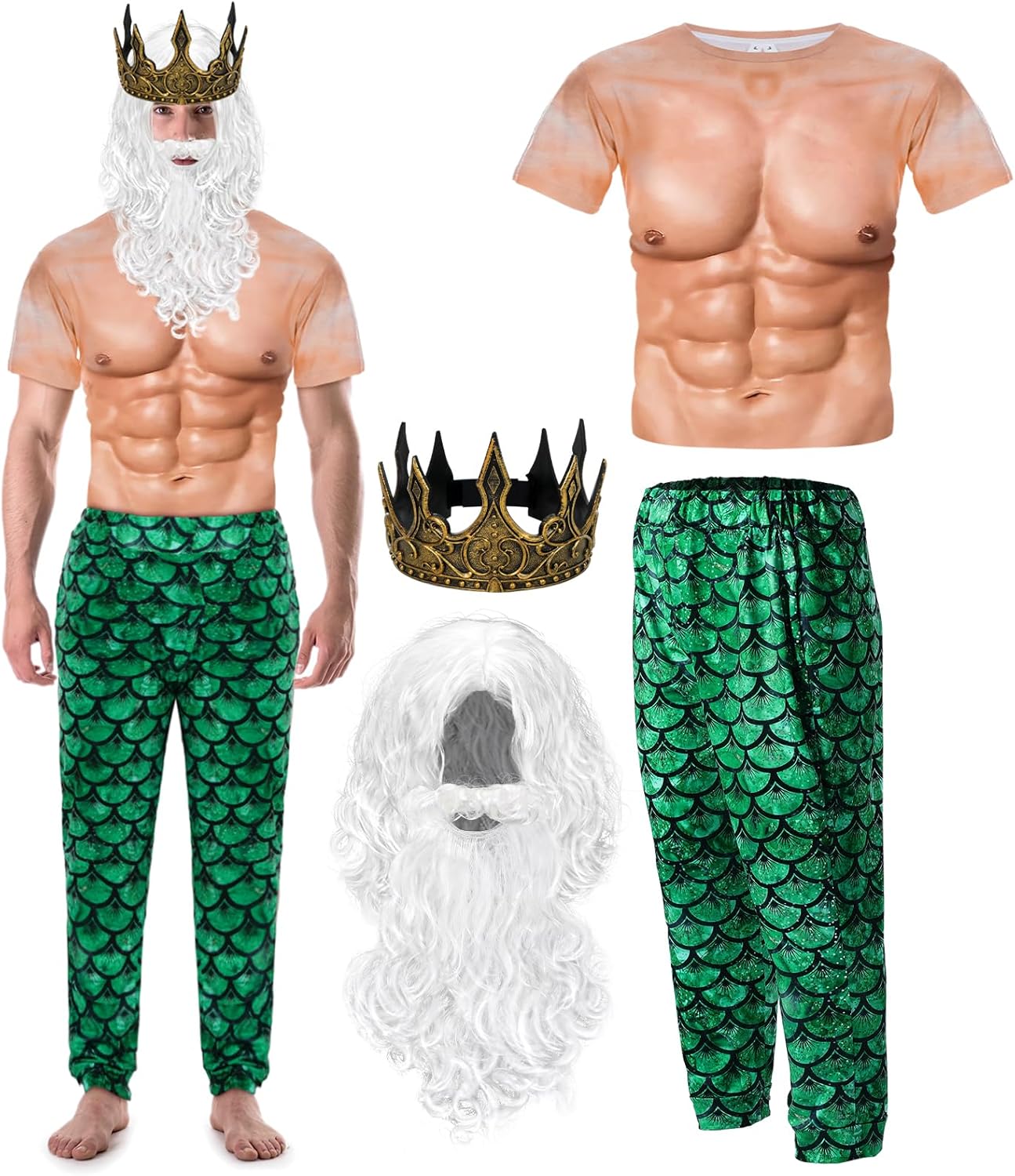 4 Pcs Halloween Poseidon Costume for Men - Neptune Merman Kit