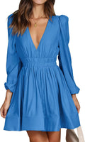 Mini Deep V Sexy Long Sleeve Dress - Flowy A-line Mini for Events cuff