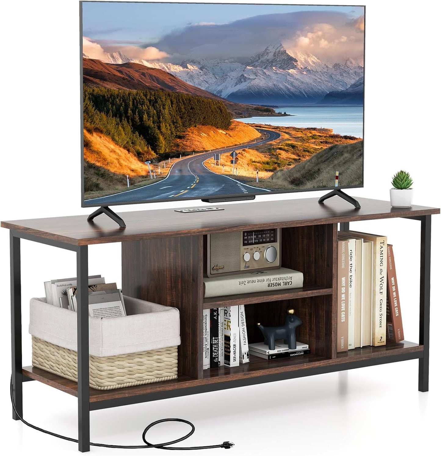 Rustic Brown TV Stand w/Power Outlets | Industrial Style Media Center