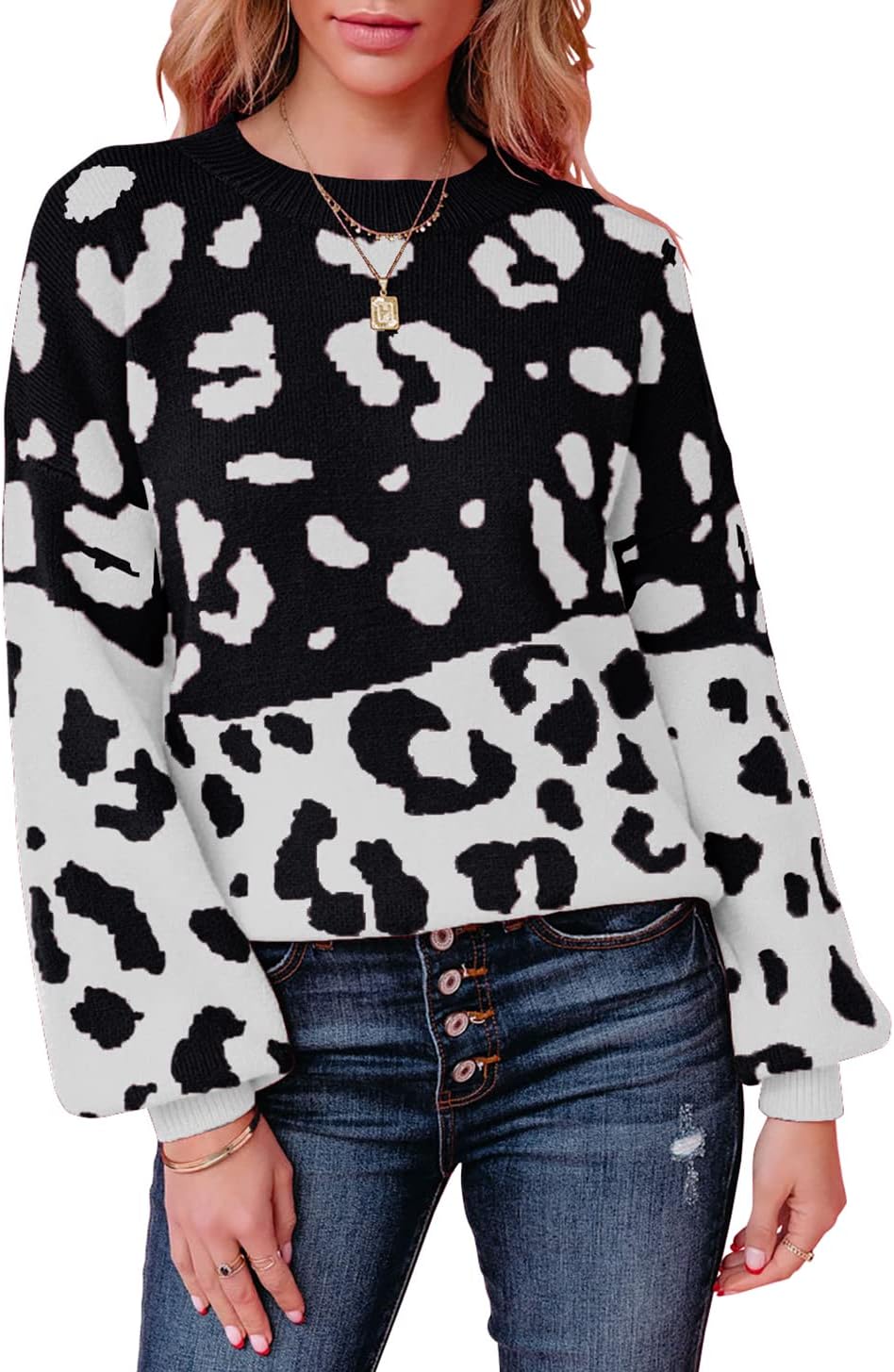 Casual Long Sleeve Color Block Pullover Sweater for Women