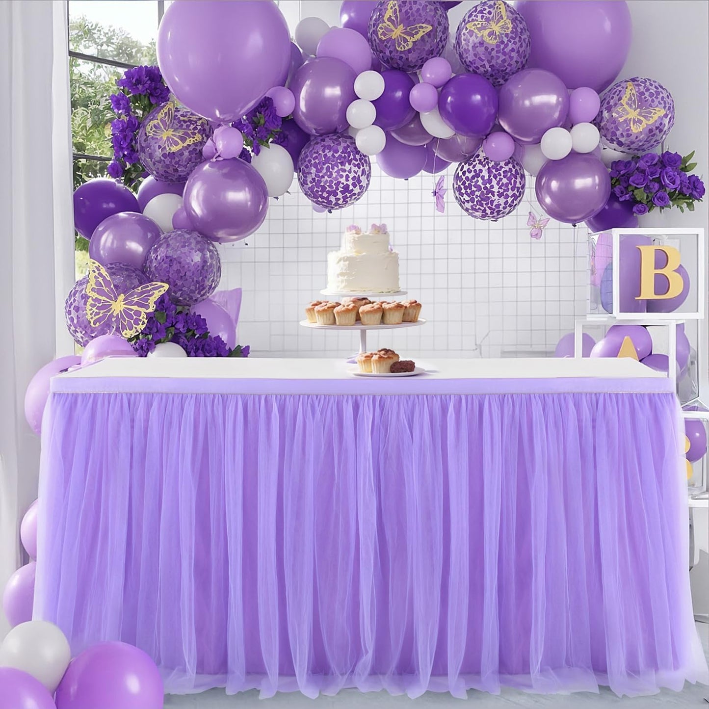 Suppromo Purple Tulle Table Skirt for Baby Shower and Parties