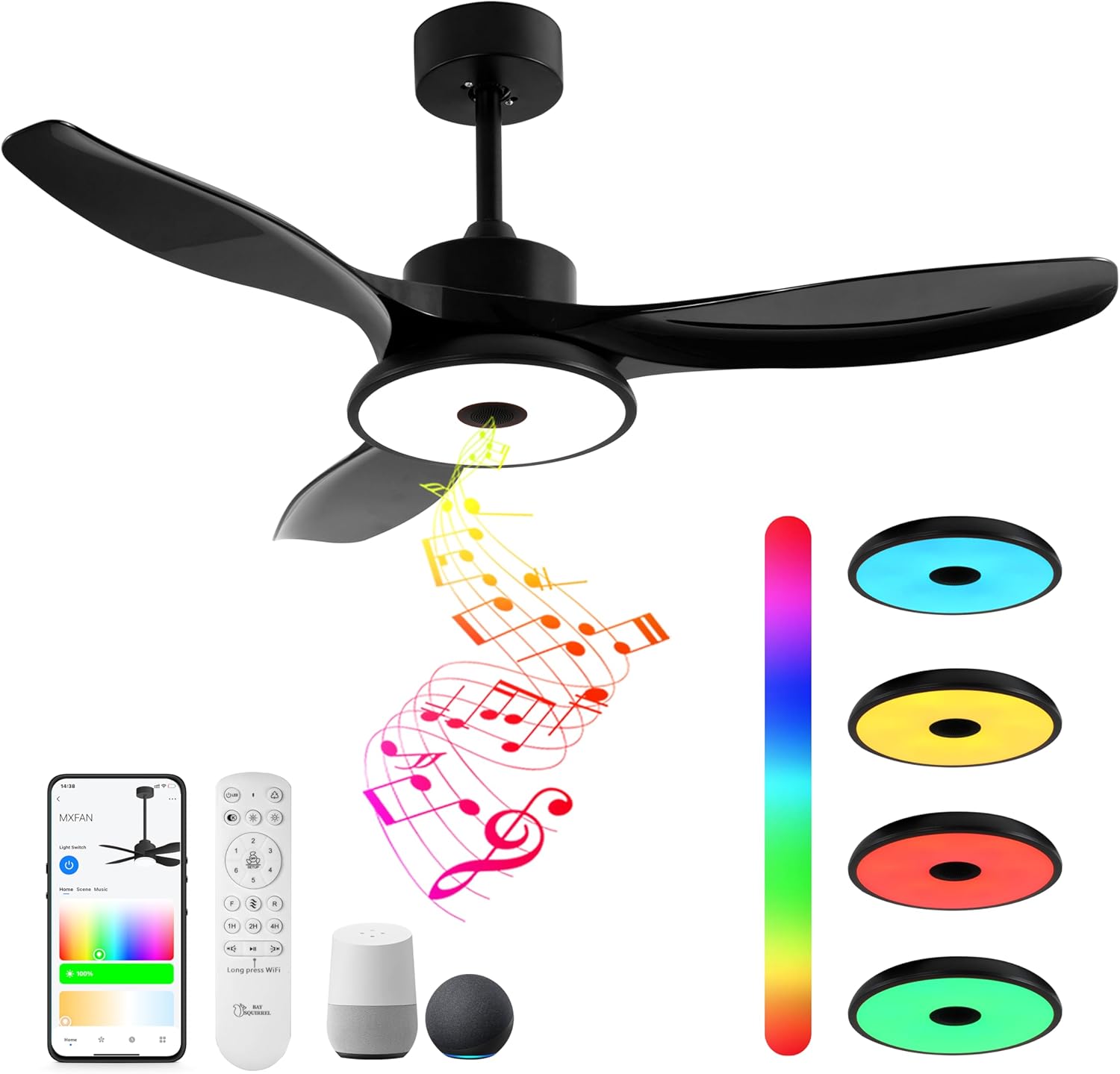 Smart Wifi Ceiling Fan w/ Lights & Speaker - Control w/ Alexa/App, RGB Light, 6 Speeds