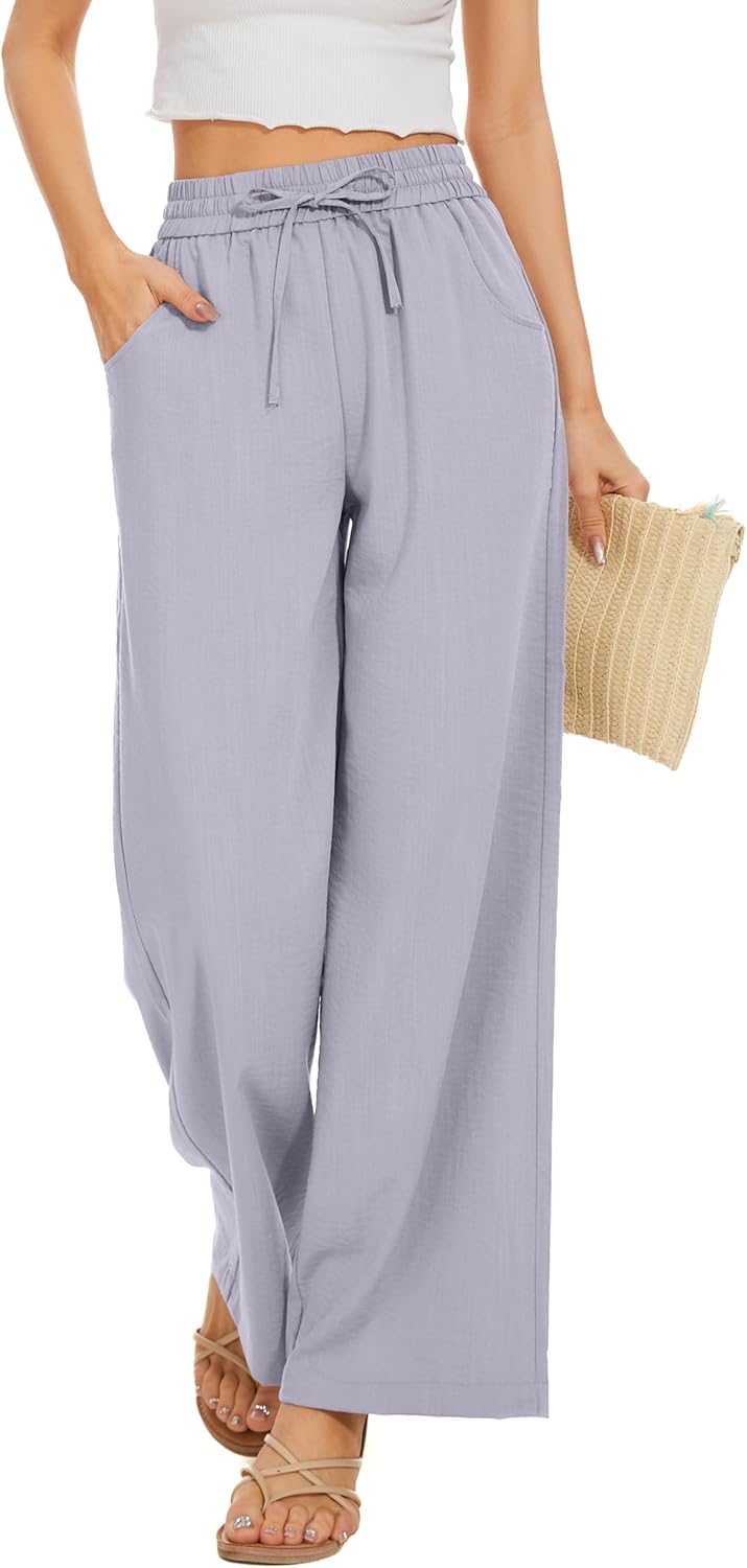 Women Flowy Pants Drawstring Waist Wide Leg Palazzo Beach Pants