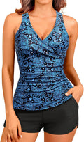 Women Tankini Swimsuits with Shorts - Blue Paisley Tummy Control