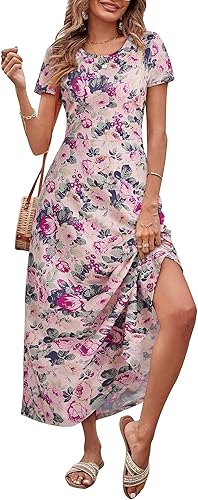 ZABERRY Women's Short Sleeve Round Neck Casual Maxi Dresses