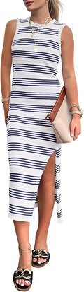 Women's Striped Knit Midi Tank Dress - Sleeveless Side Slit Fit