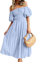 ZESICA Off Shoulder Puff Sleeve High Waist Midi Dress - Boho Elegant