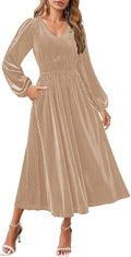 Women's Velvet Midi Dress V Neck Long Sleeve - Flowy A-Line Midi