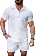 Mens Waffle Knit 2 Piece Button Down Shirt and Shorts Set