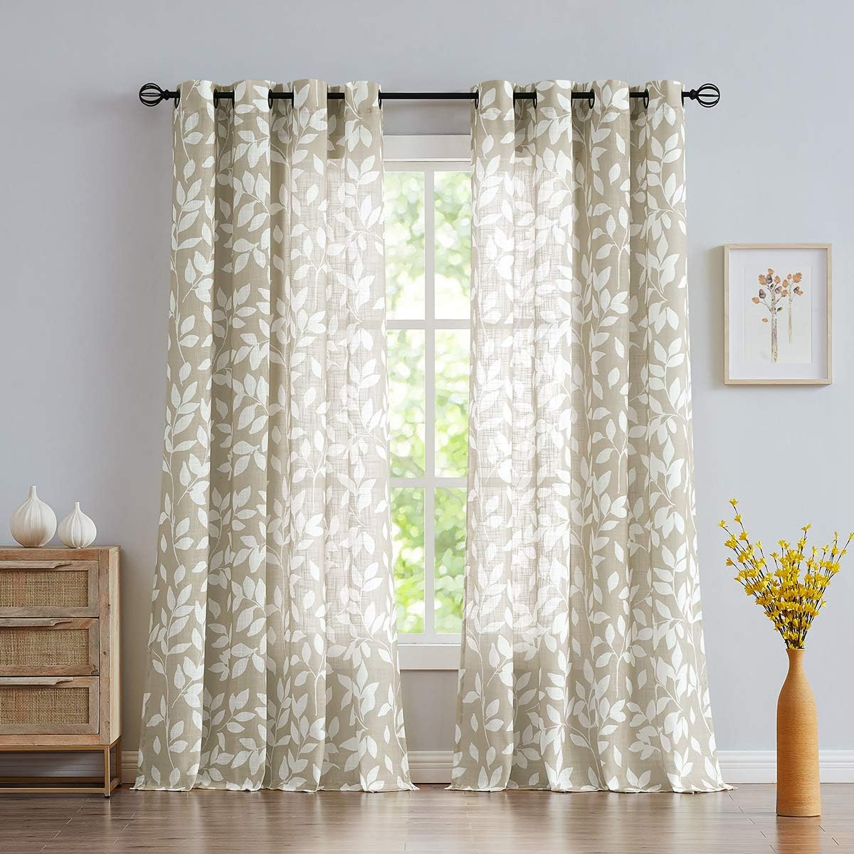 Print Semi Sheer Curtains for Living Room with Leaf Design