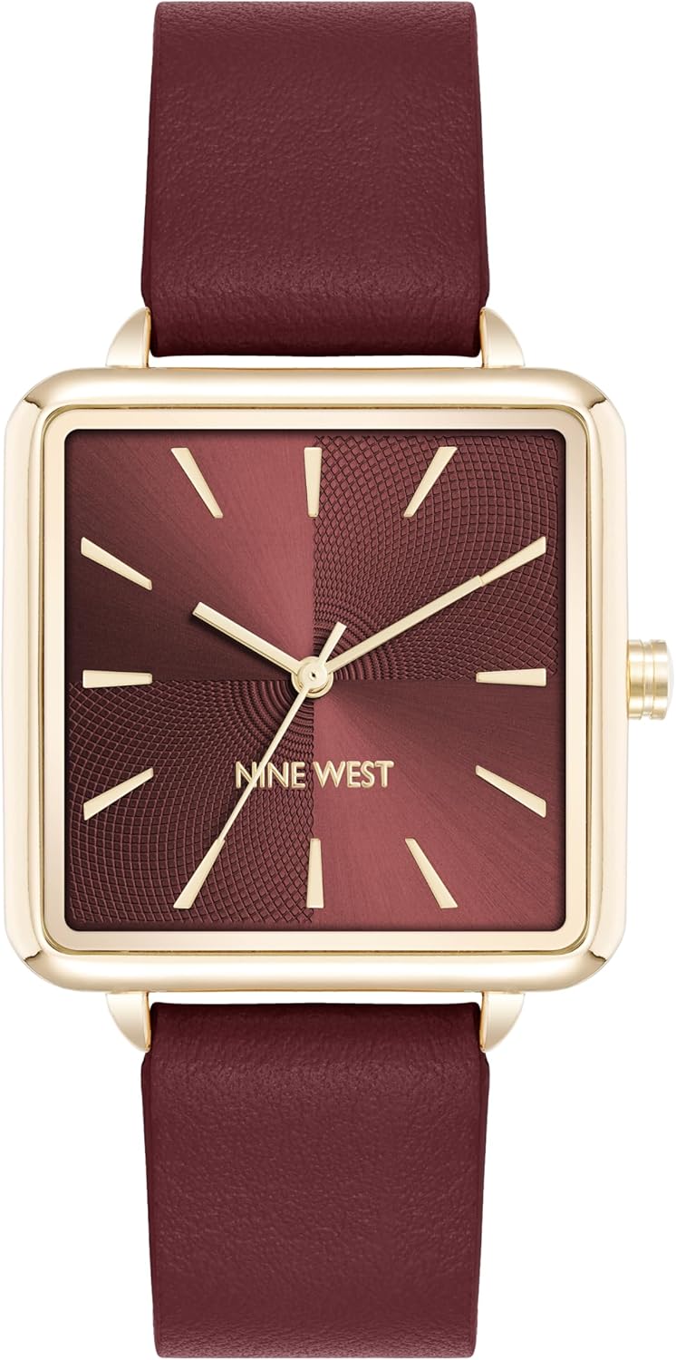 Nine West Women's Strap Watch with Burgundy Dial and Faux Leather