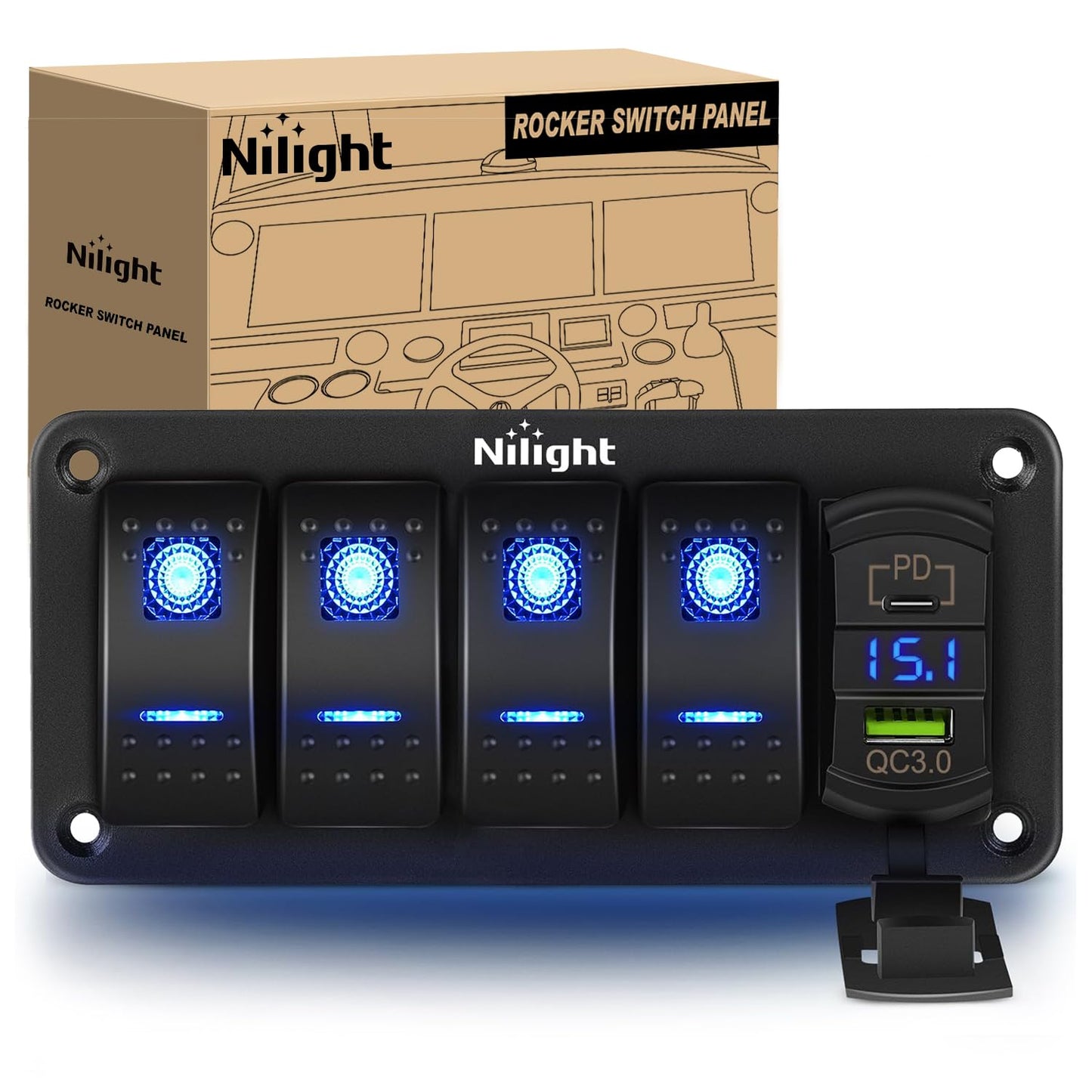 Nilight 4 Gang Rocker Switch Panel with USB Charger and Voltmeter