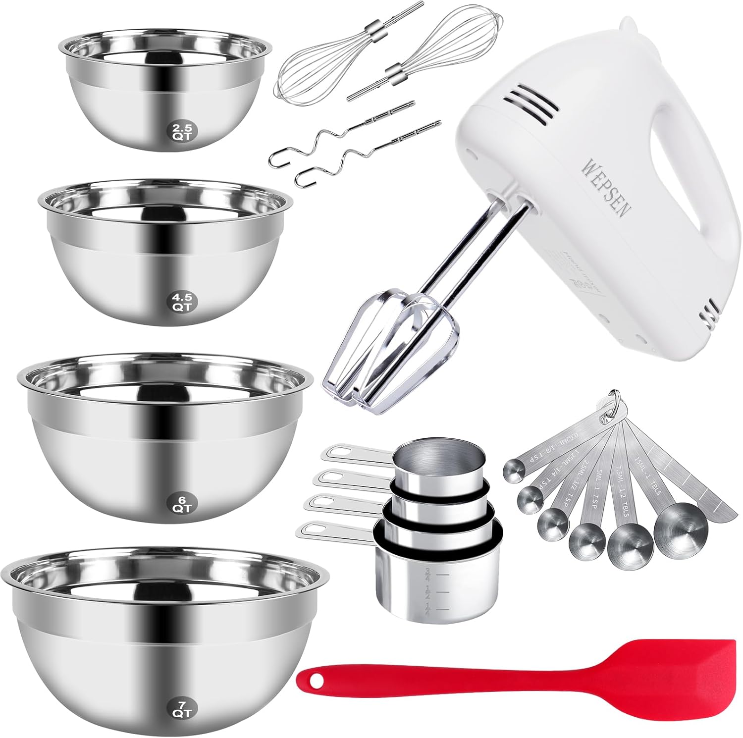 5-Speed Electric Hand Mixer with 4 Large Mixing Bowls Set