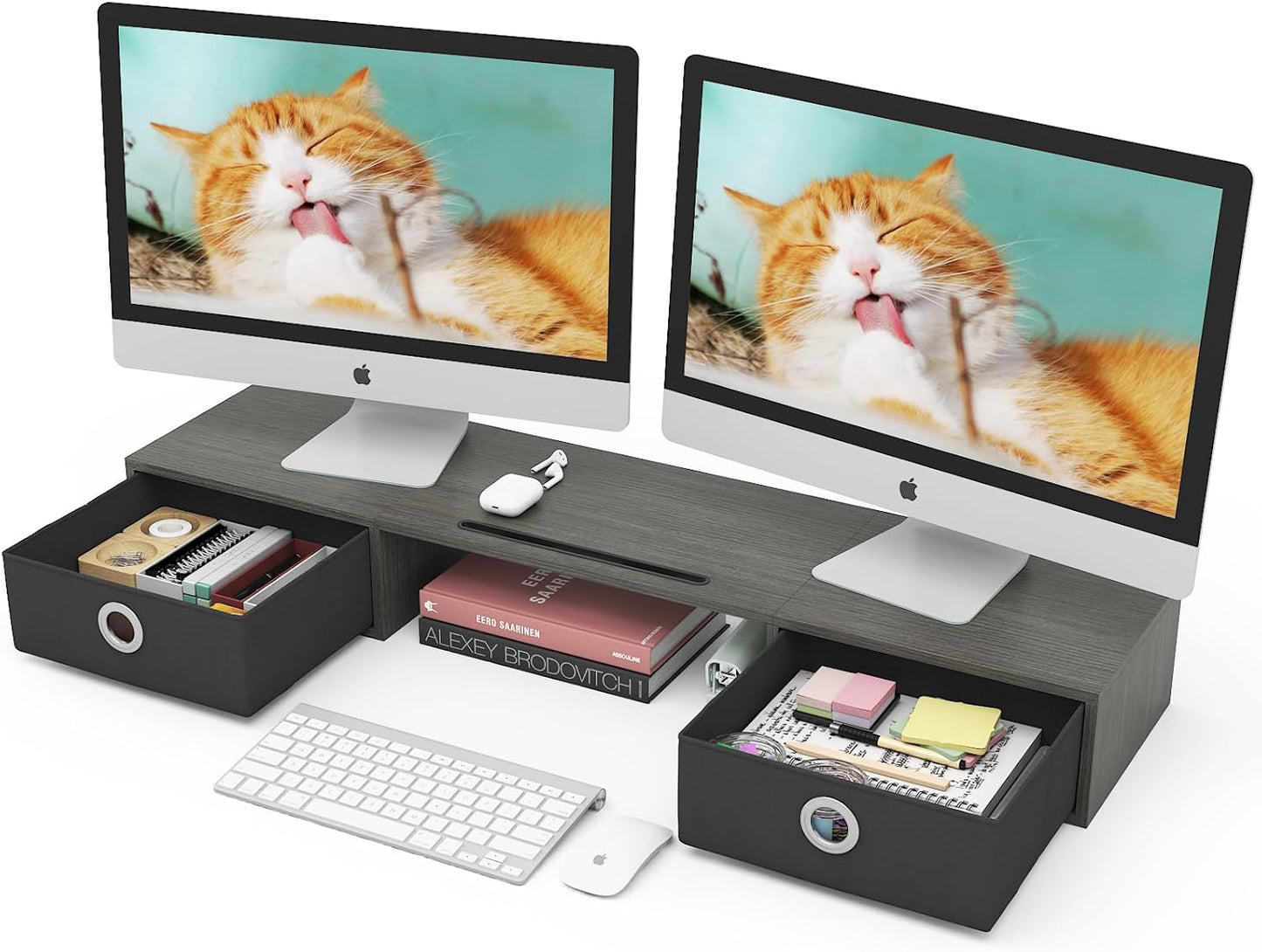 Dual Monitor Stand Riser with Drawers for Ergonomic Setup