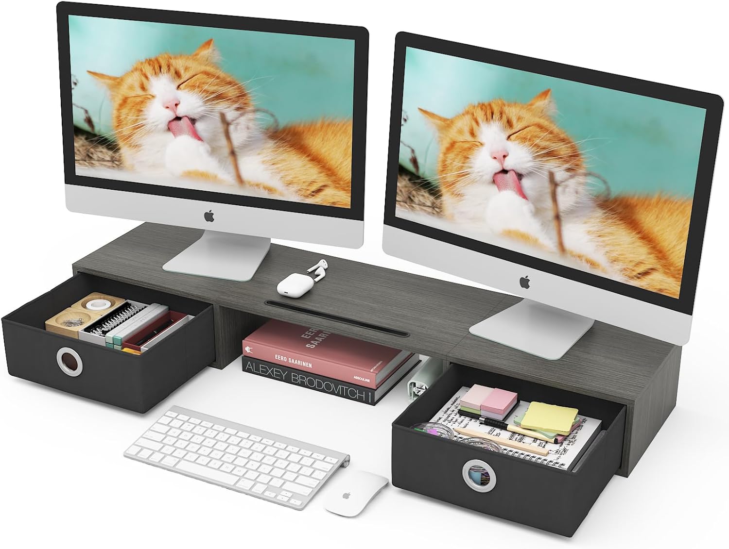 Dual Monitor Stand Riser with Drawers for Ergonomic Setup