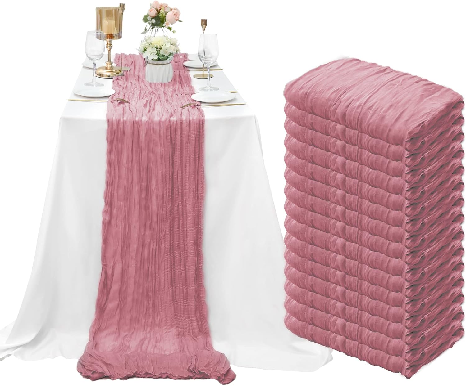 15 Pack Dusty Rose Cheesecloth Table Runner for Elegant Events