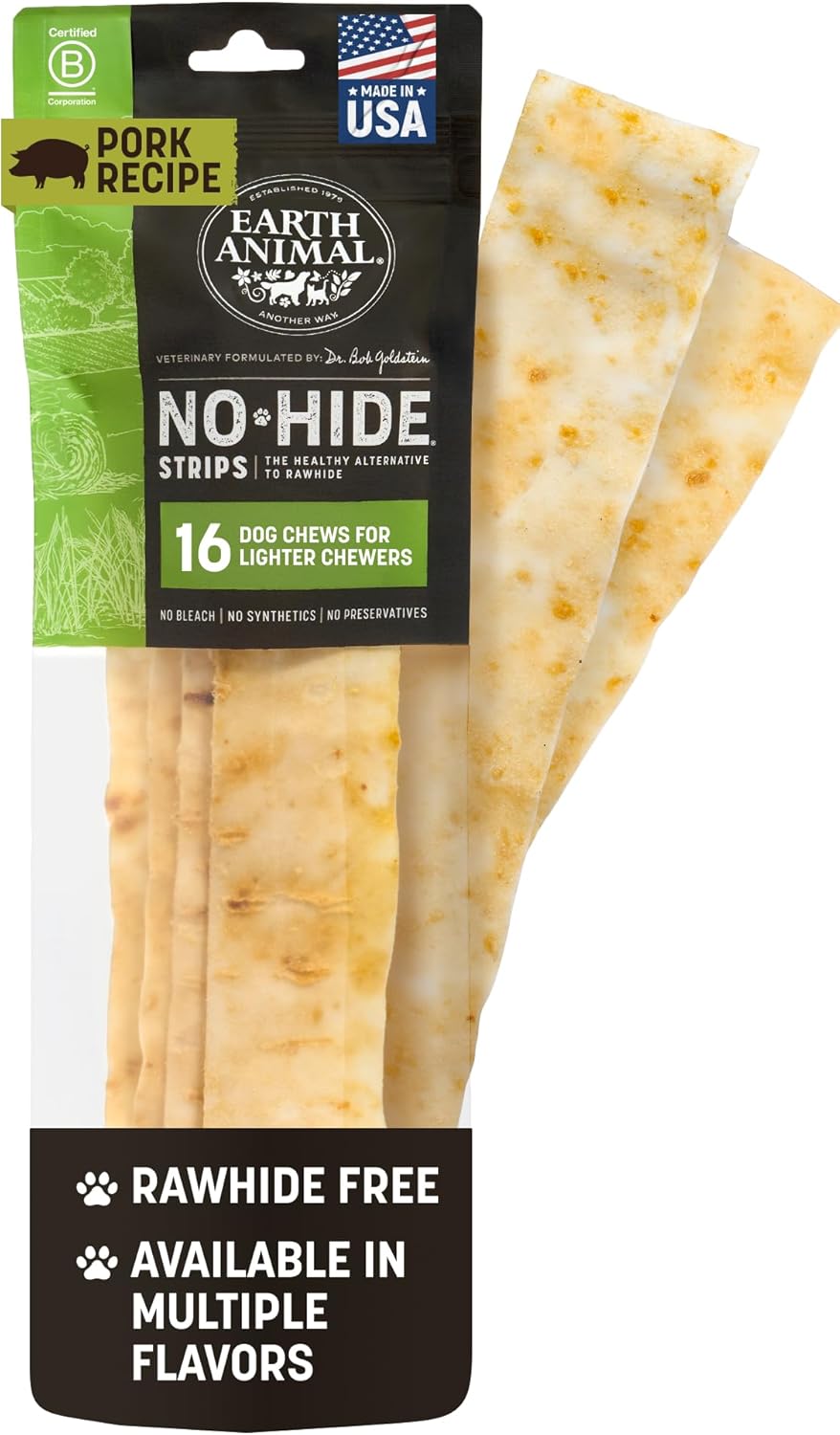 Earth Animal No Hide Strips Pork Flavored Dog Chews - 16 Count